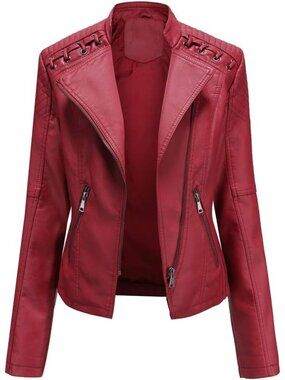 Women's Red Faux Leather Jacket Women Bomber Jacket Belted Motorcycle Jackets